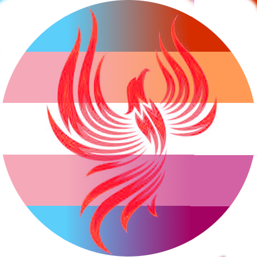 Circular logo, trans pride flag fading to lesbian pride flag with red, abstract phoenix bird overlayed.